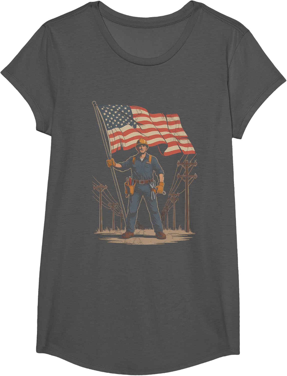 Patriotic Utility Lineman Labor Day American Flag T-Shirt - Girls Asphalt Grey