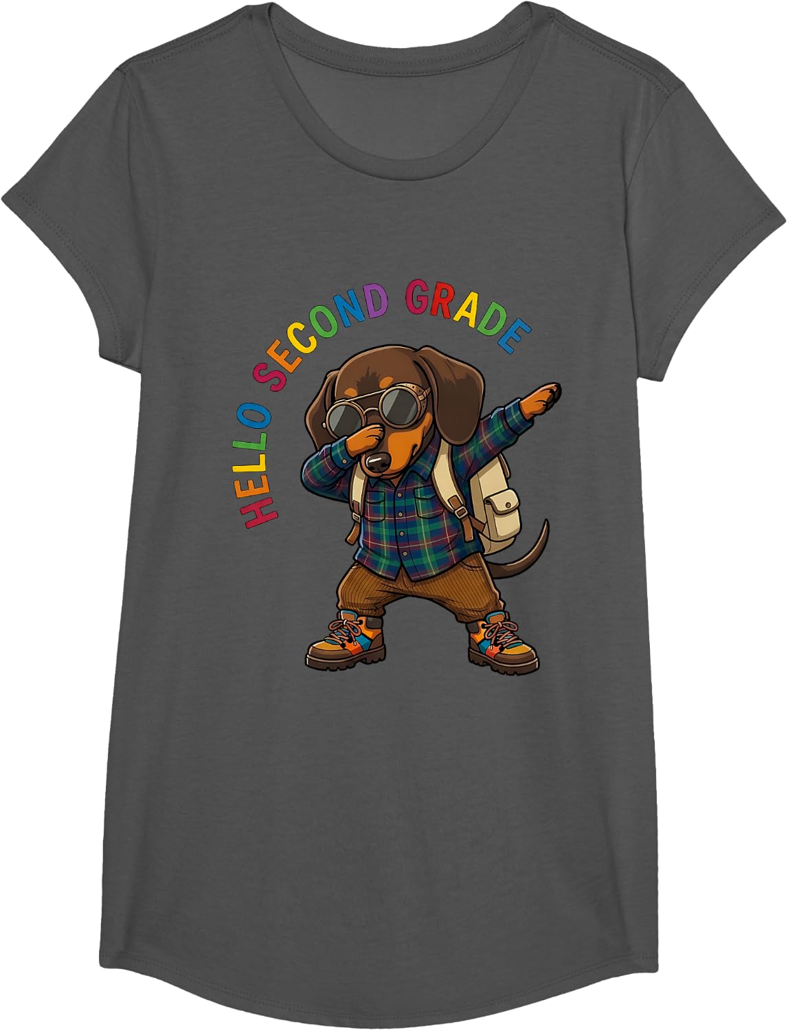Hello Second Grade Back to School Dachshund Dog Kids Funny T-Shirt - Girls Asphalt Grey