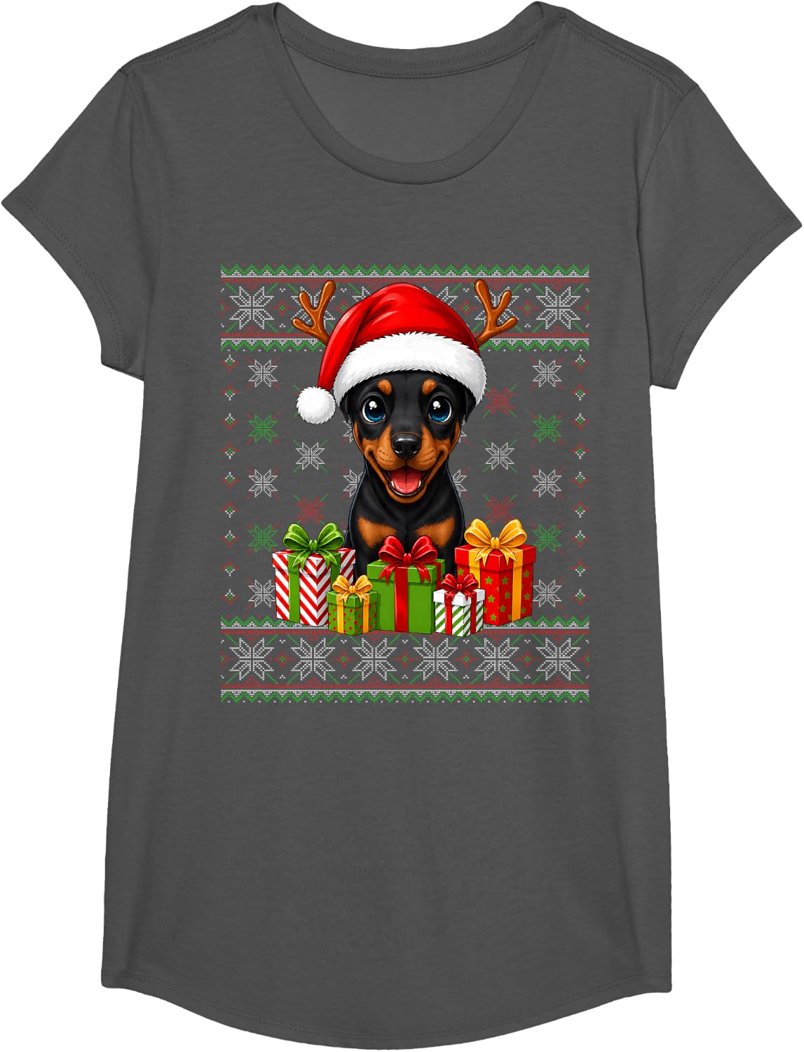 Doberman Pinscher Dog Christmas Ugly Sweaters Festive Xmas T-Shirt - Girls Asphalt Grey