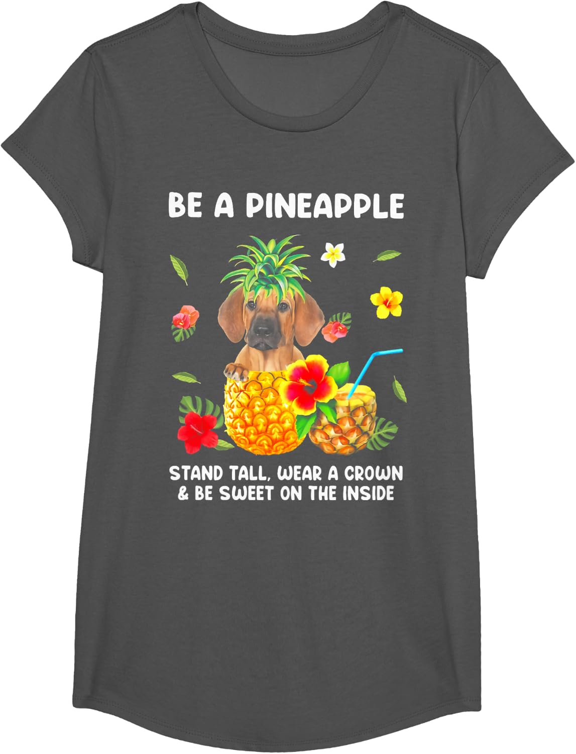 Rhodesian Ridgeback Be A Pineapple Stand Tall Wear A Crown T-Shirt - Girls Asphalt Grey