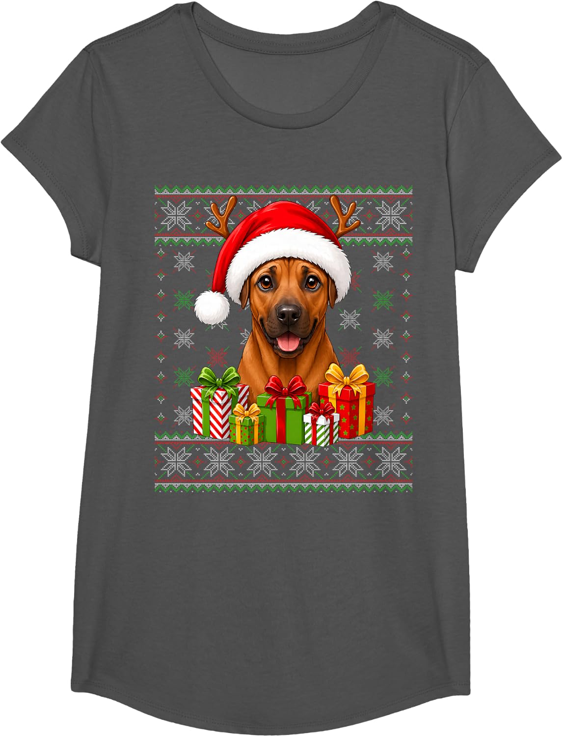 Rhodesian Ridgeback Dog Christmas Ugly Sweaters Festive Xmas T-Shirt - Girls Asphalt Grey