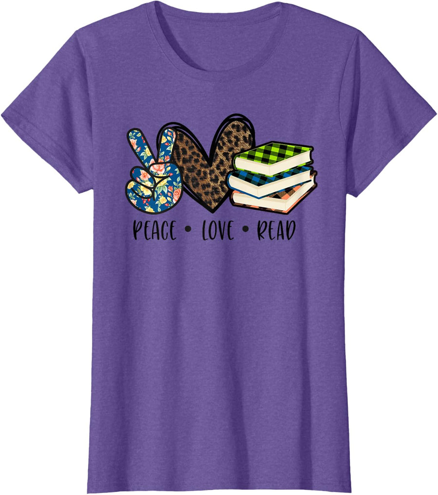 Peace love Read Books Reading Kids and Women Reader Bookworm T-Shirt - Purple Heather