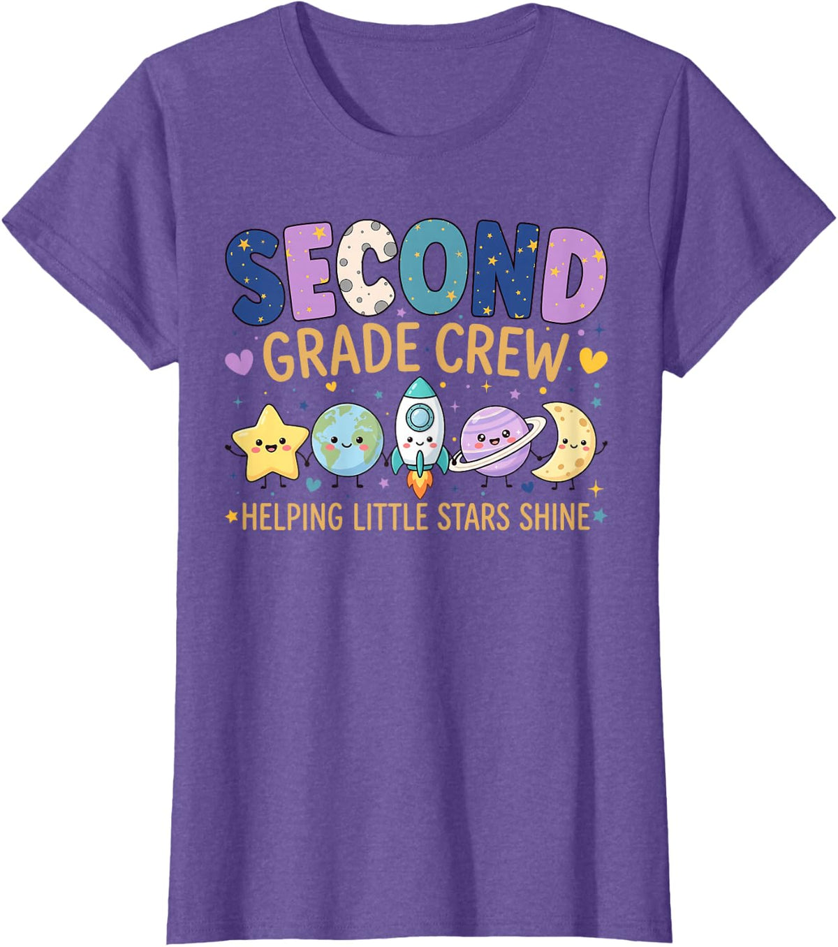 Second Grade Crew Cute Stars Space 2nd Grade Teacher Team T-Shirt - Purple Heather