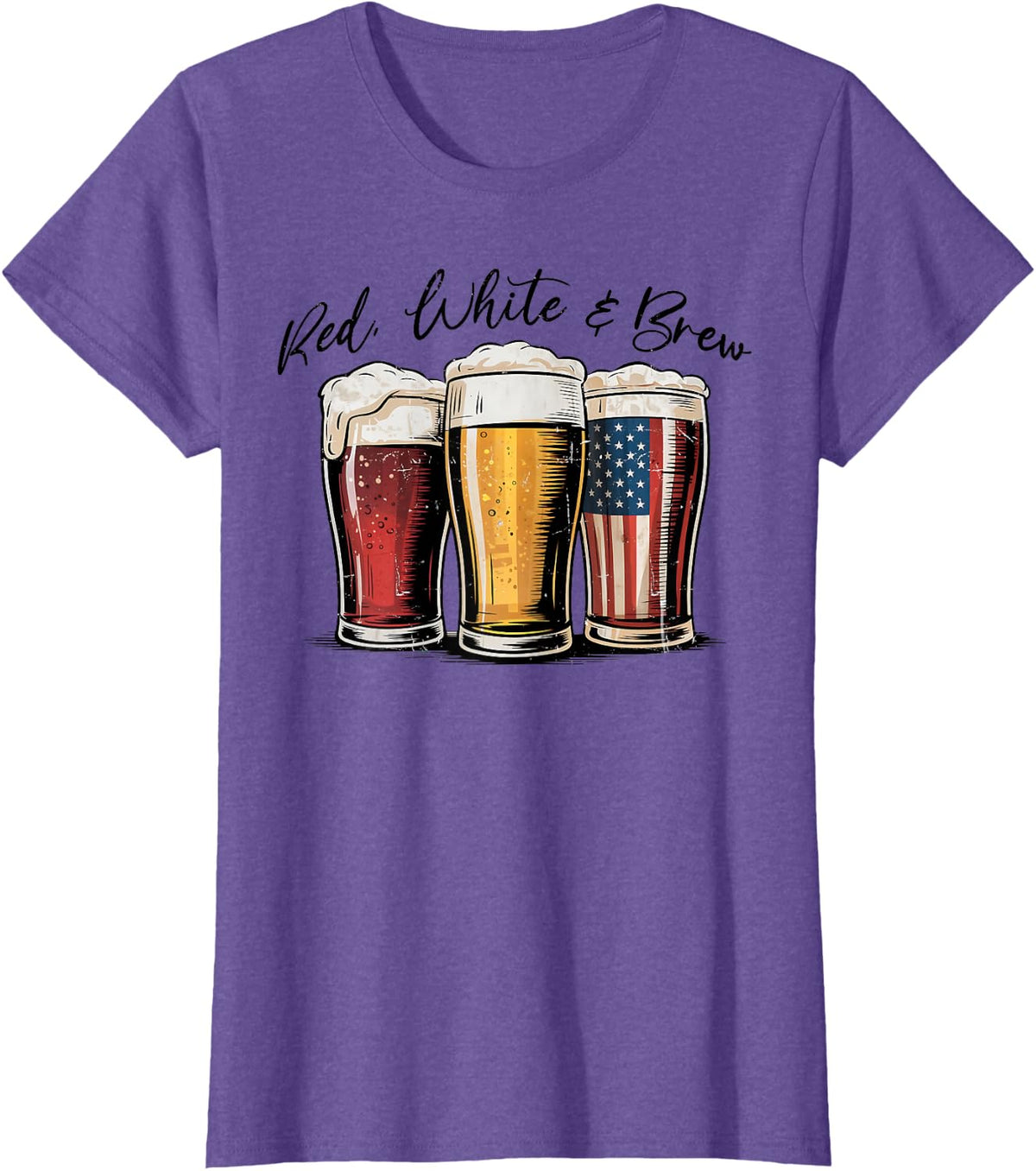 4th of July Red White and Brew Beer Funny American Flag T-Shirt - Purple Heather