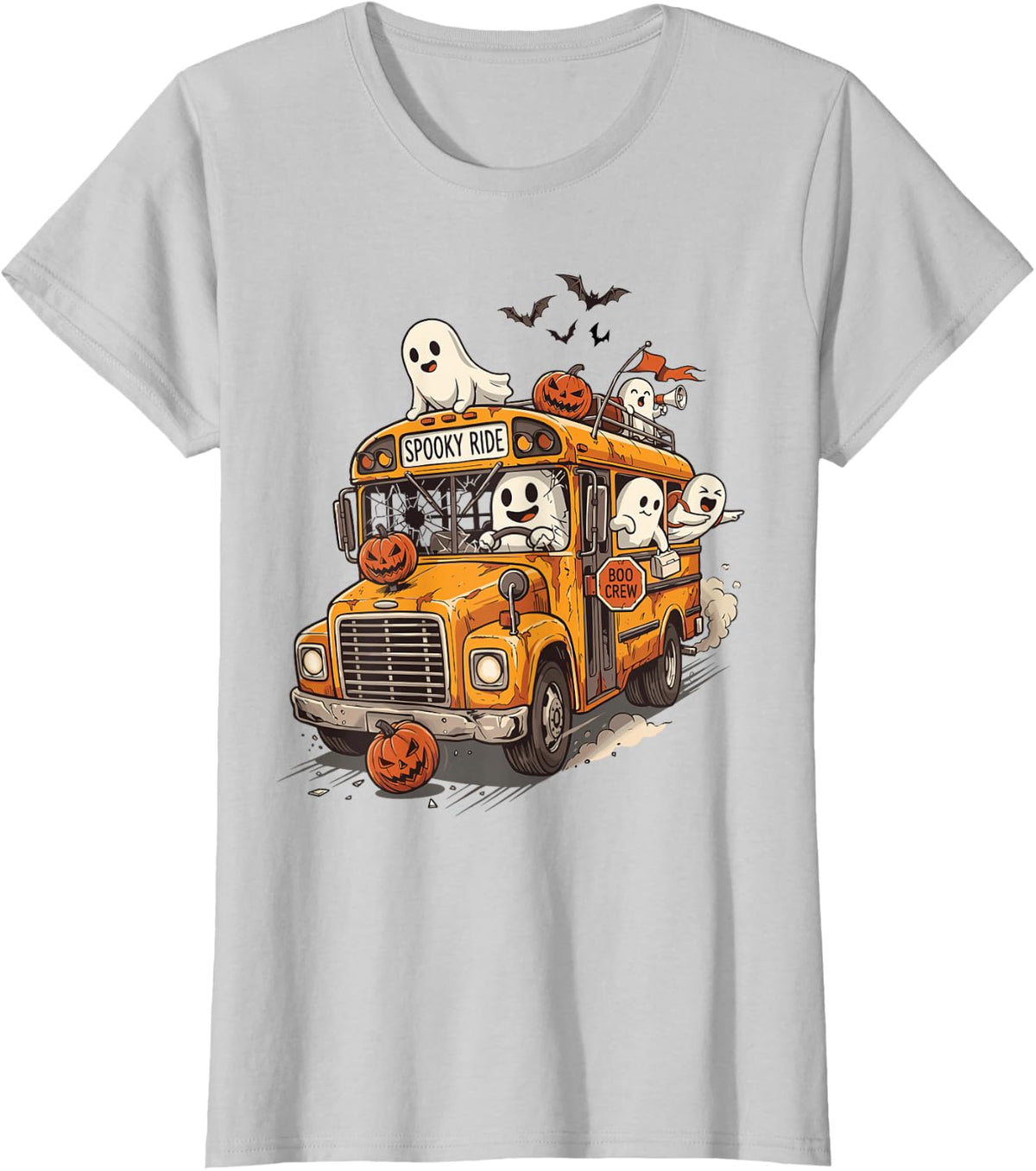Halloween School Bus Driver Ghost Pumpkin Spooky T-Shirt - Silver Grey