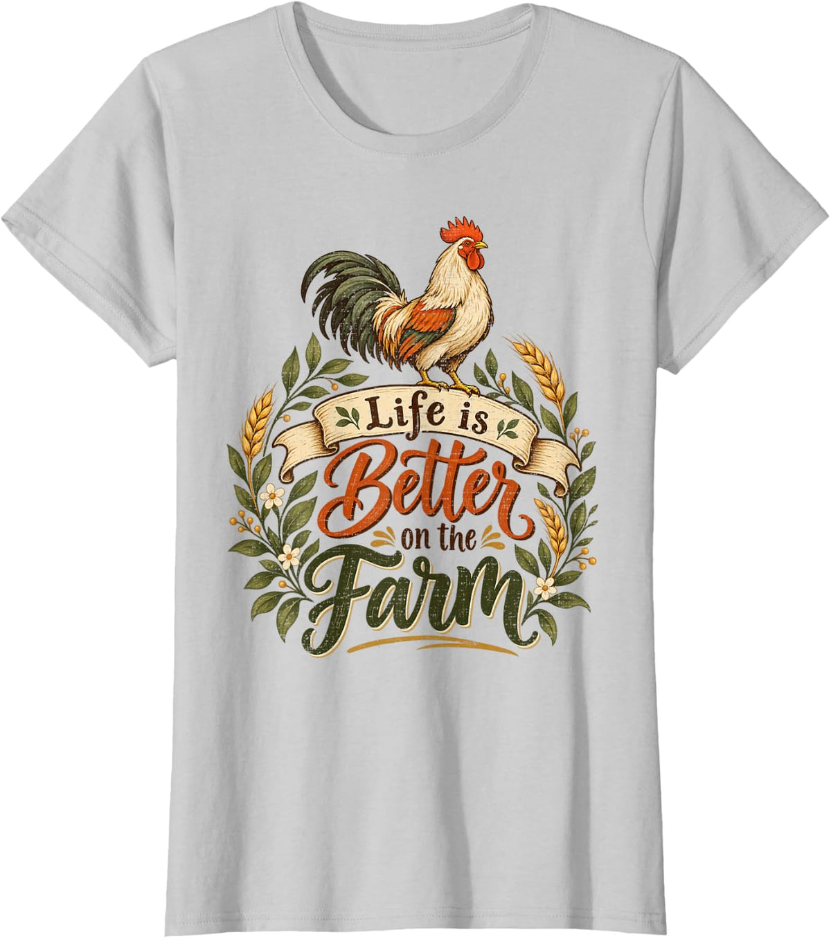 Life is Better On The Farm Rooster Chicken Floral Wheat T-Shirt - Silver Grey