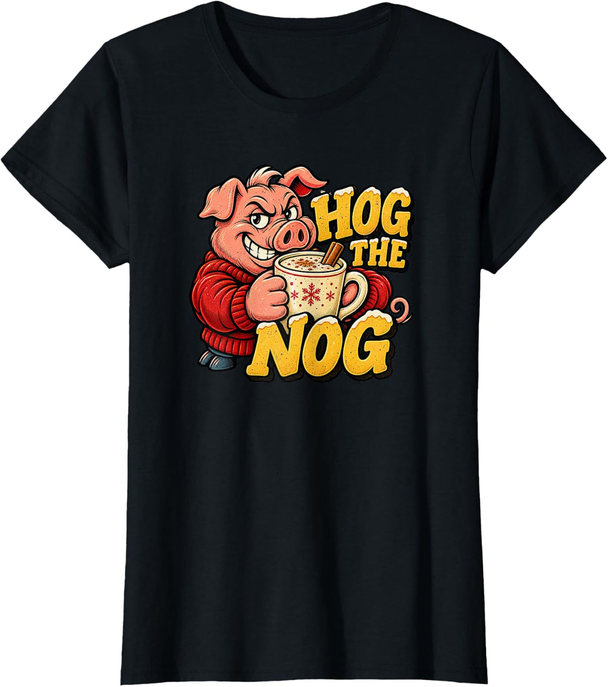 Hog The Nog Christmas Pun Pig Eggnog T-Shirt - Black