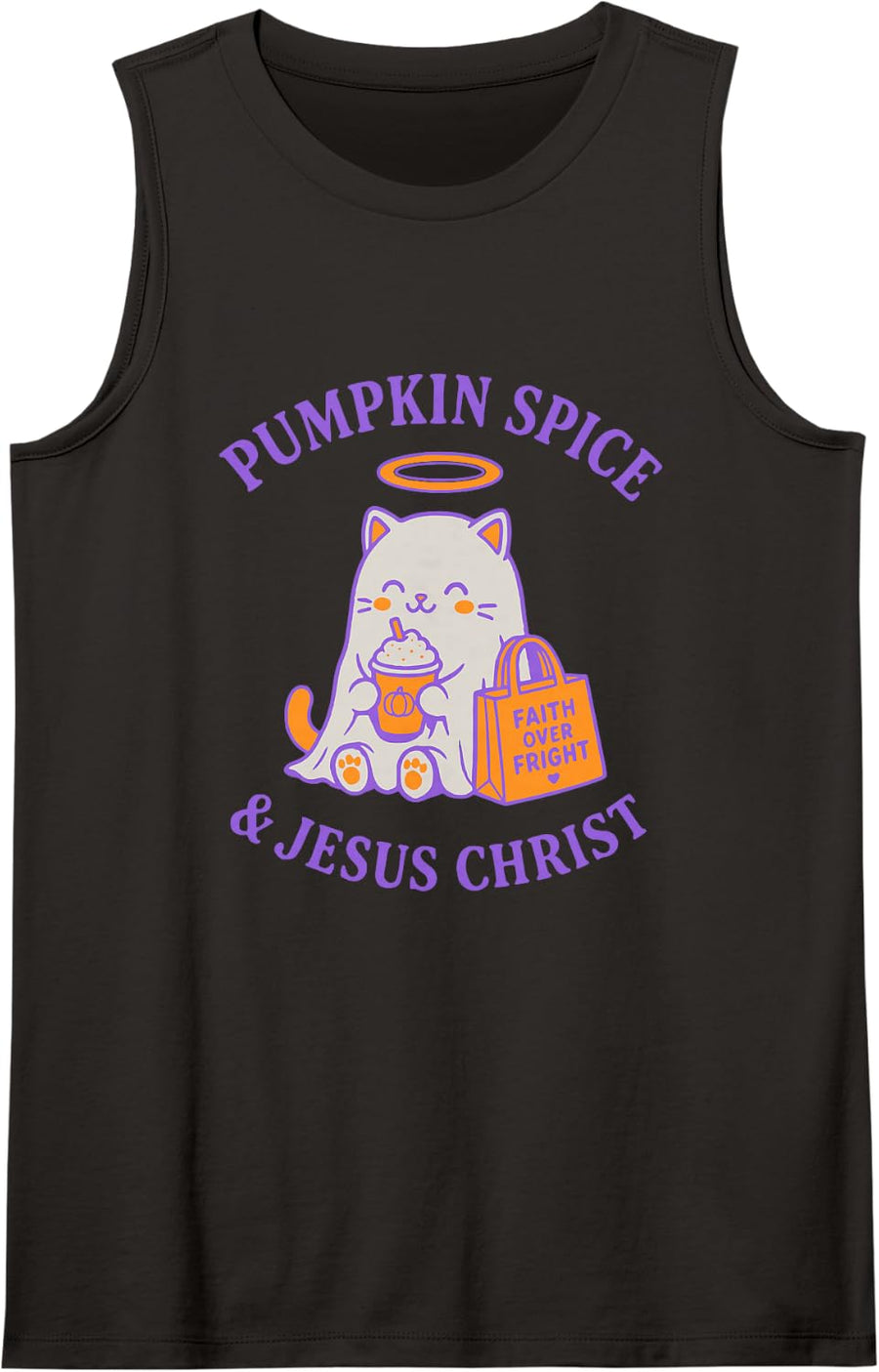 Pumpkin Spice and Jesus Christ Ghost Fall Faith Cat Sleeveless Tank Top - Black