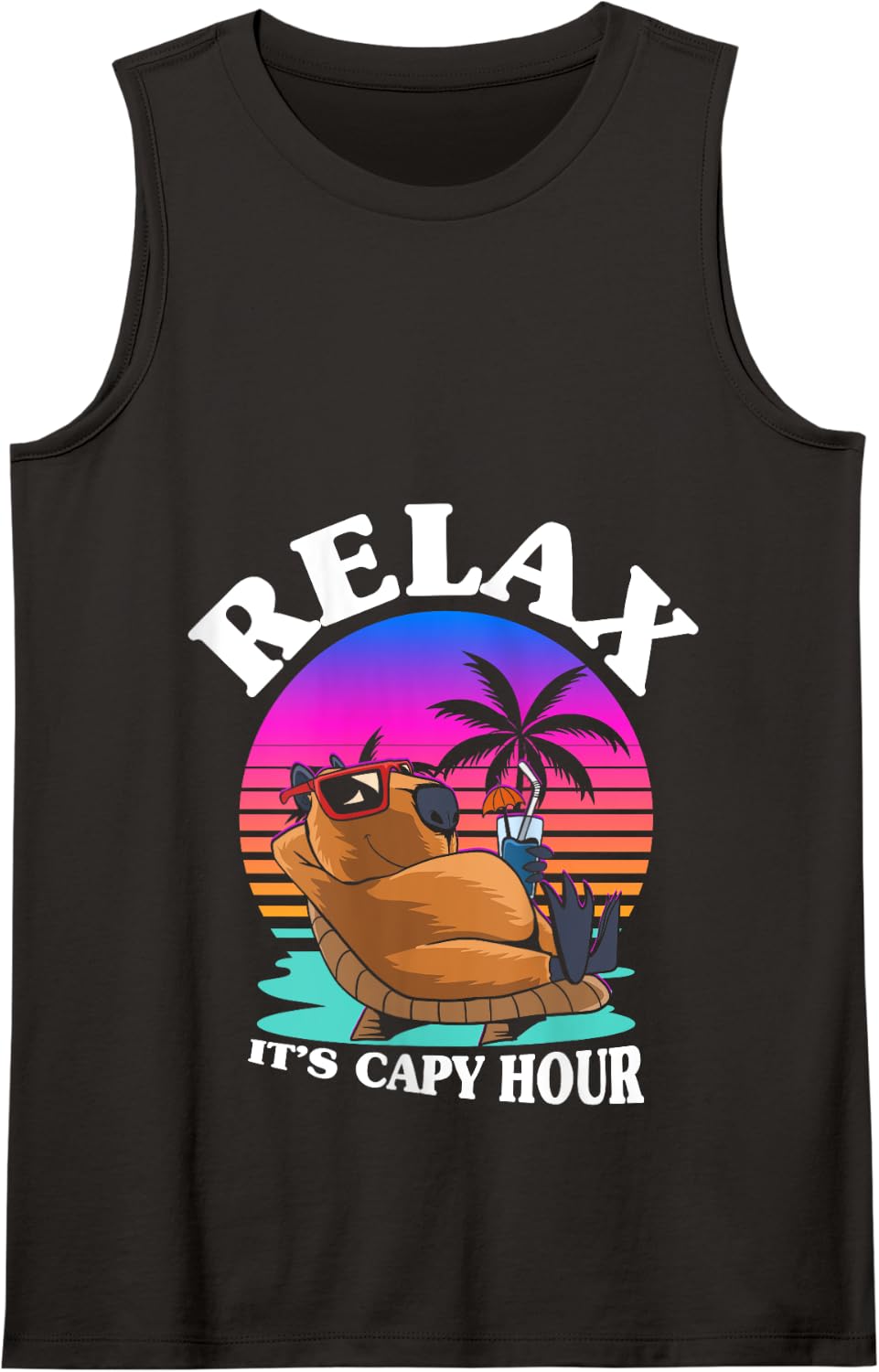 Relax It's Capy Hour - 80s Style Funny Vintage Capybara Tank Top - Black