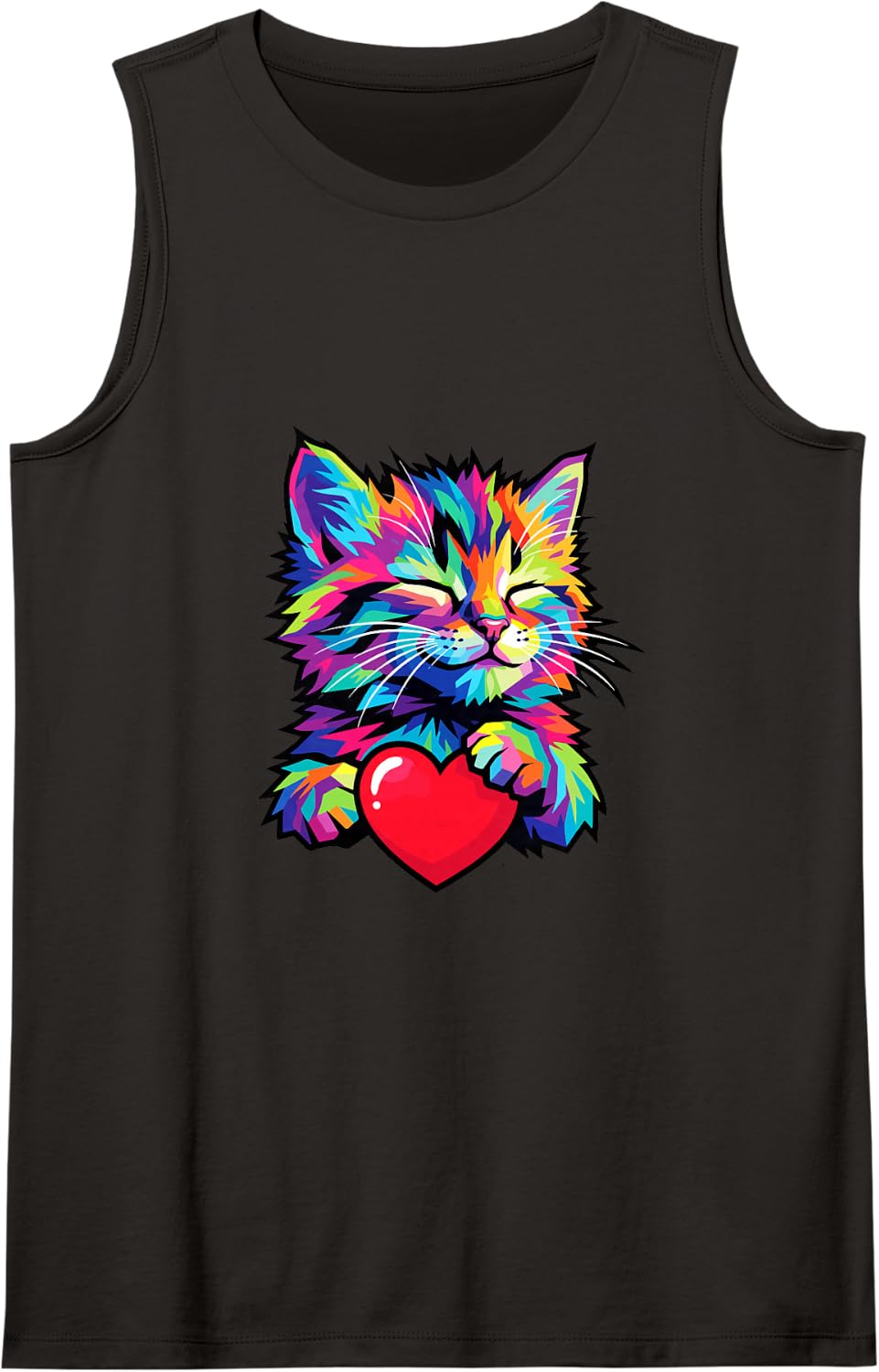 Fluffy Rainbow Cat Hugging Red Heart Cute Kitten Sleeveless Tank Top - Black