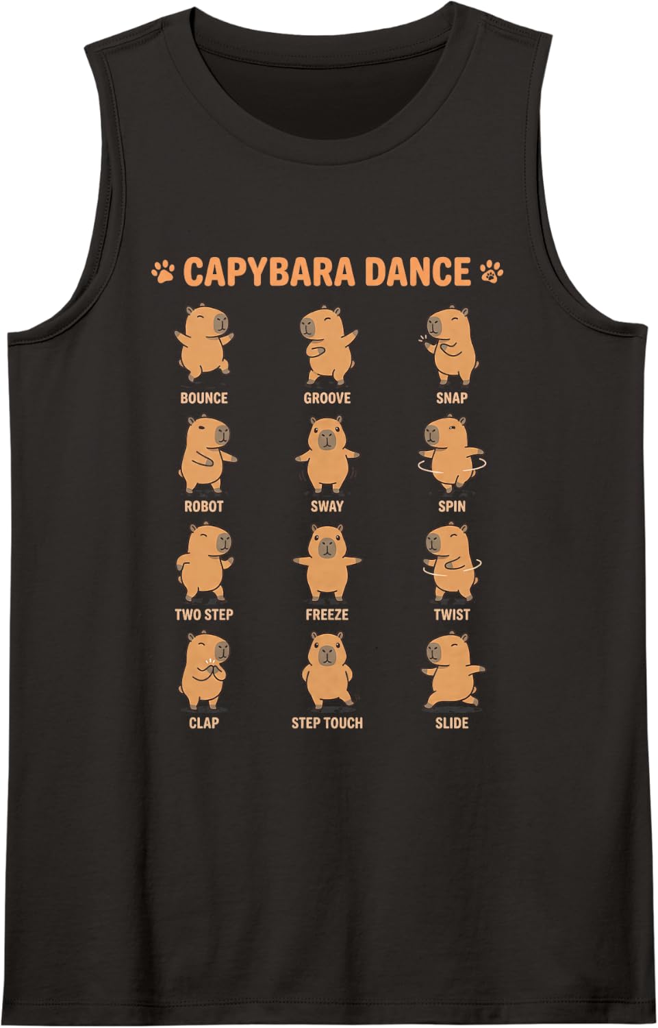 Capybara Dance Kawaii Poses Cute Funny Animal Chart Sleeveless Tank Top - Black