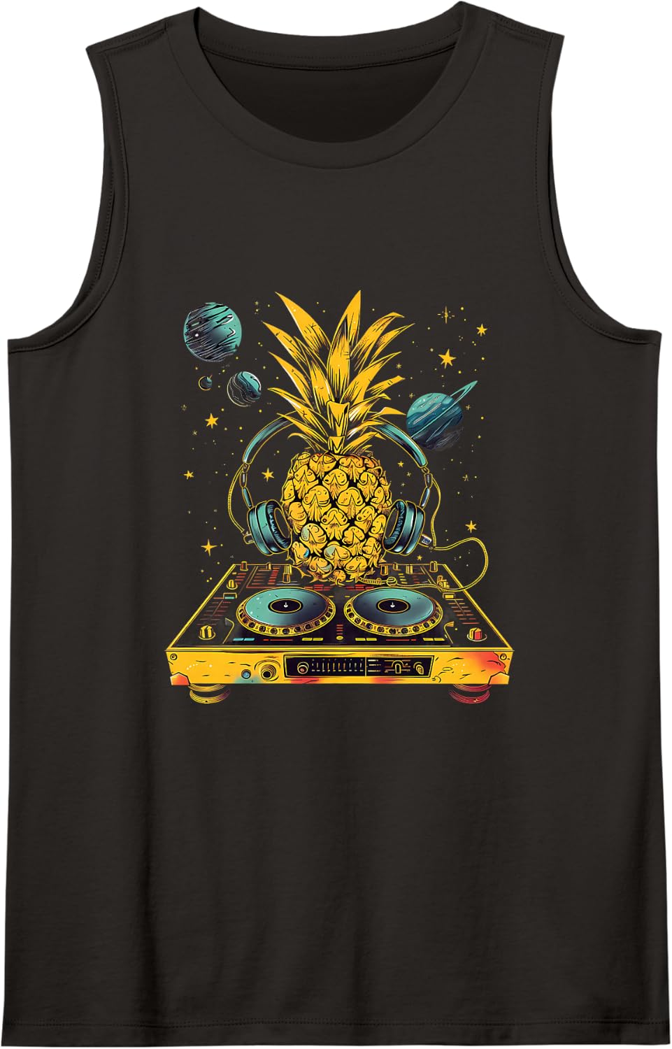 Pineapple Music DJ Space Turntable DJ Pineapple Fruits EDM Tank Top - Black