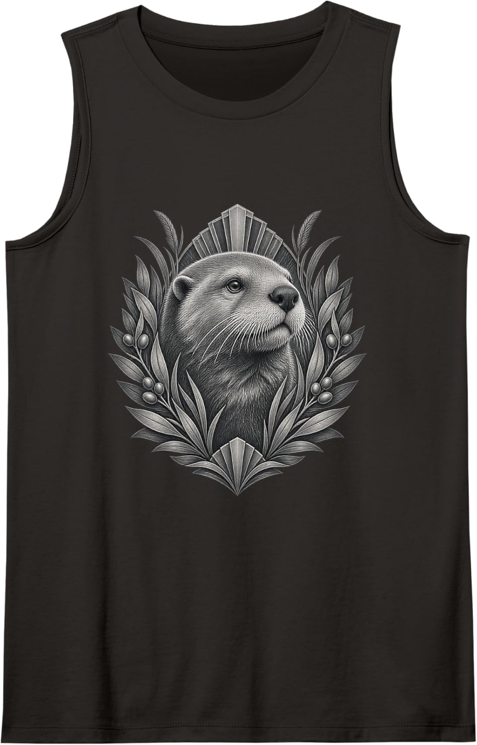 Monochrome Sea Otter with Leaves Berries and Geometric Fans Sleeveless Tank Top - Black