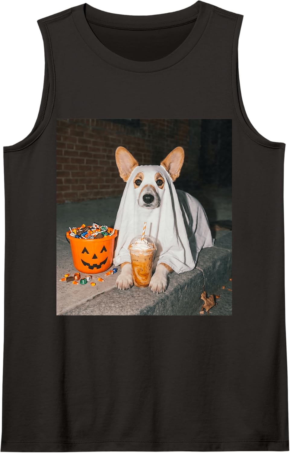 Corgi Ghost Dog Meme Pumpkin Iced Coffee Halloween Tank Top - Black