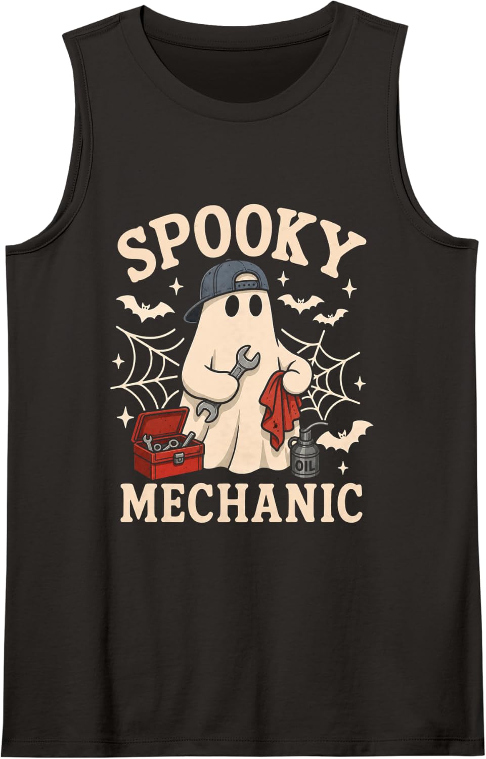 Spooky Mechanic Ghost Funny Halloween Auto Repair Garage Sleeveless Tank Top - Black
