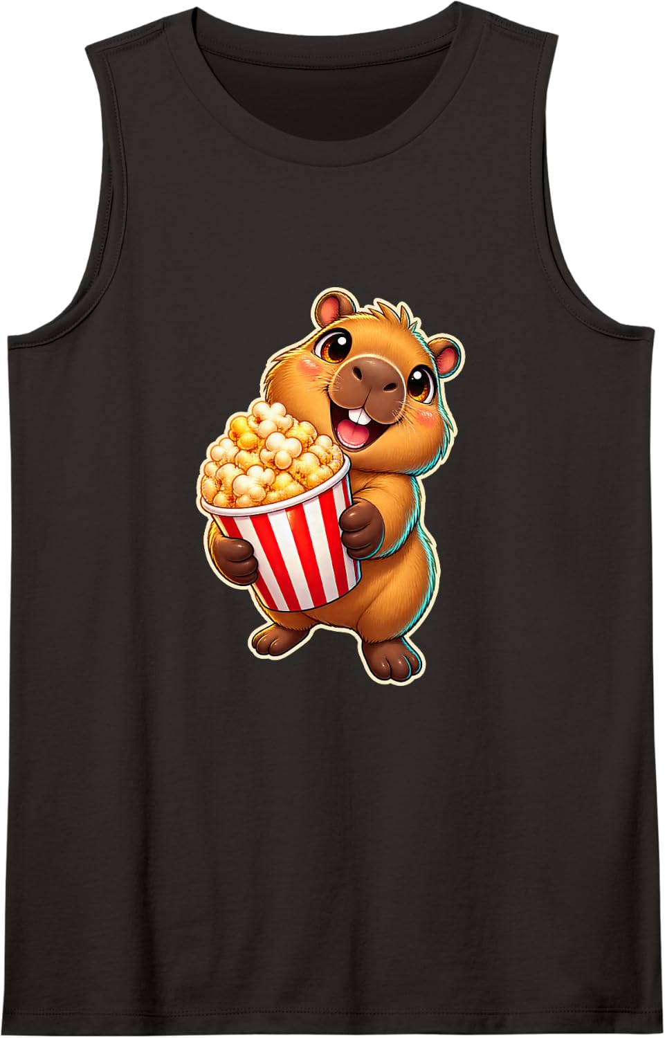 Capybara Holding Popcorn in a Red and Ivory Striped Tub Sleeveless Tank Top - Black