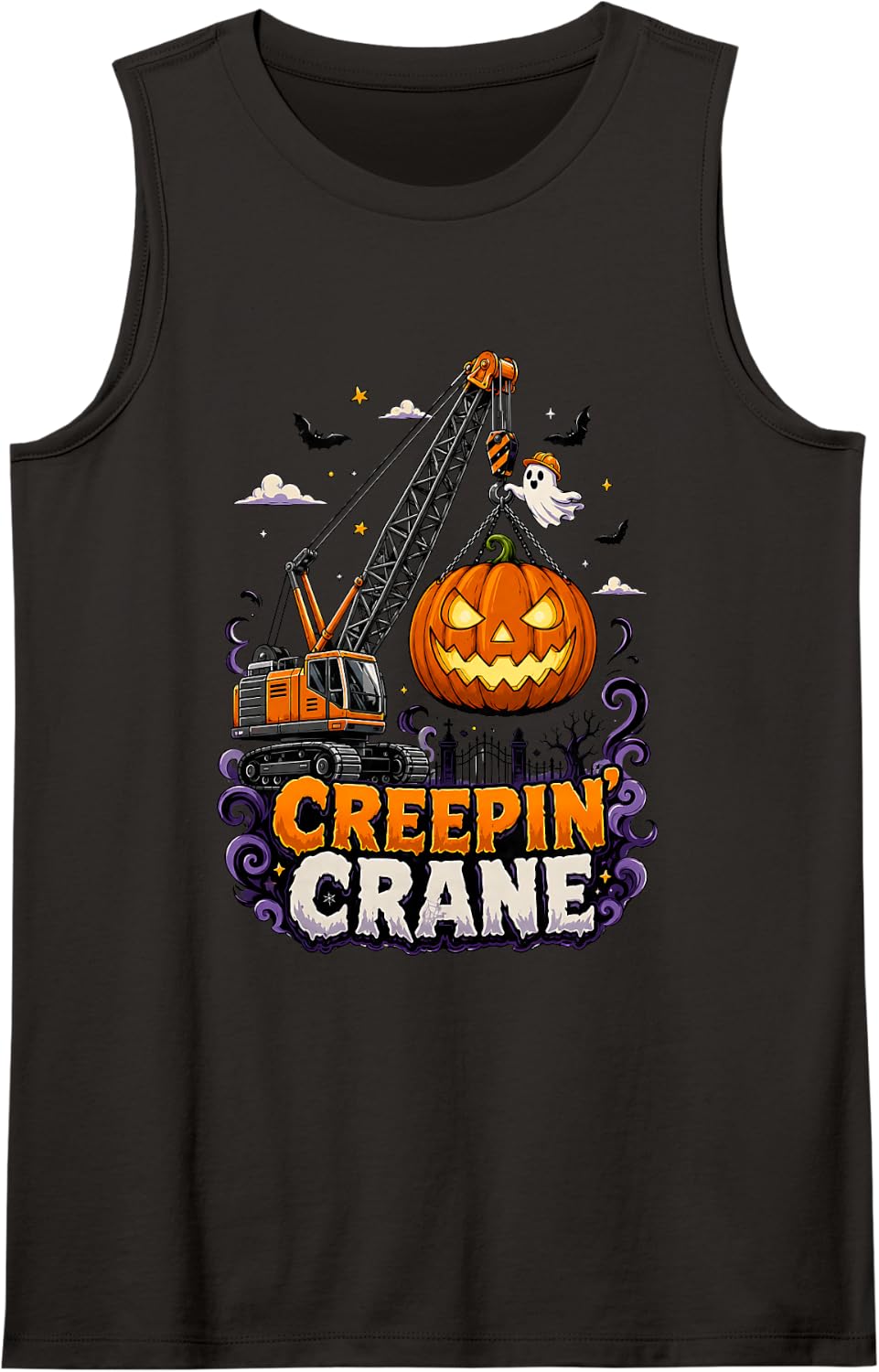 Creepin' Crane Halloween Ghost Pumpkin Construction Vehicle Sleeveless Tank Top - Black