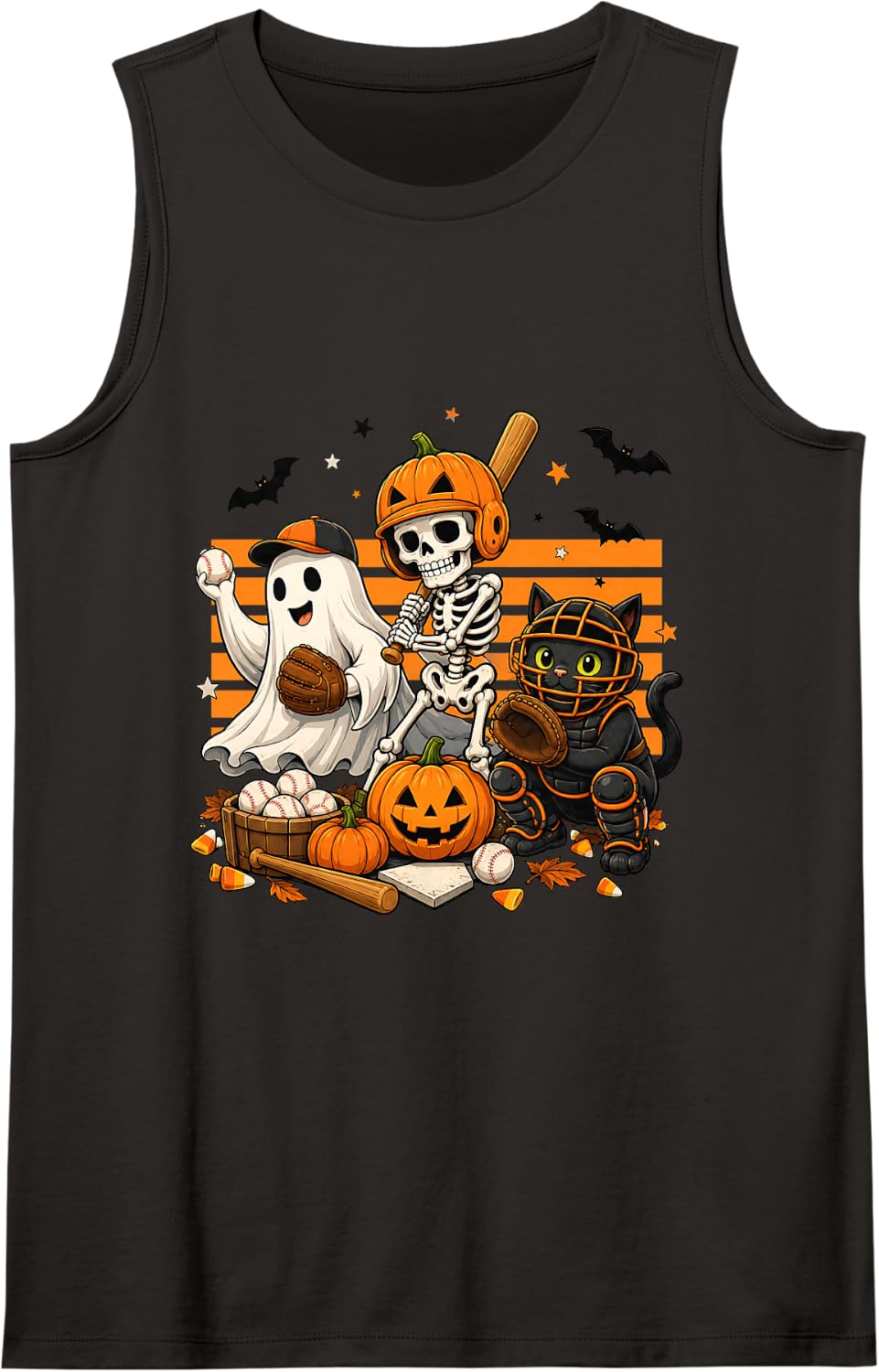 Halloween Baseball Ghost Skeleton Black Cat Pumpkin Sports Sleeveless Tank Top - Black