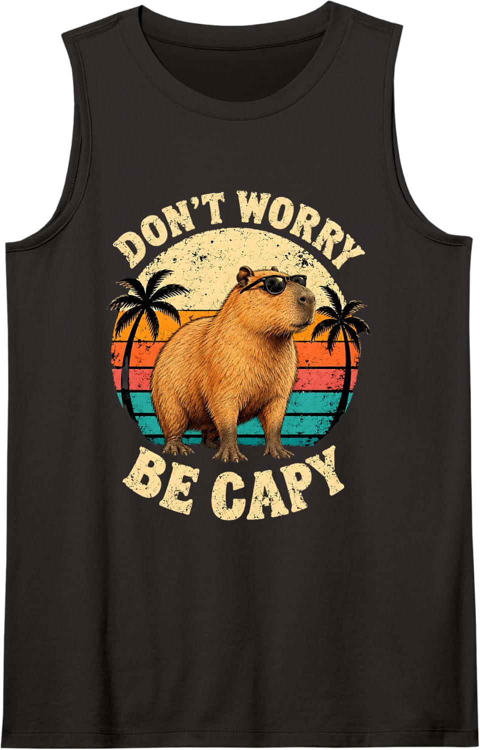 Capybara Don't Worry Be Capy Retro Sunset Sleeveless Tank Top - Black