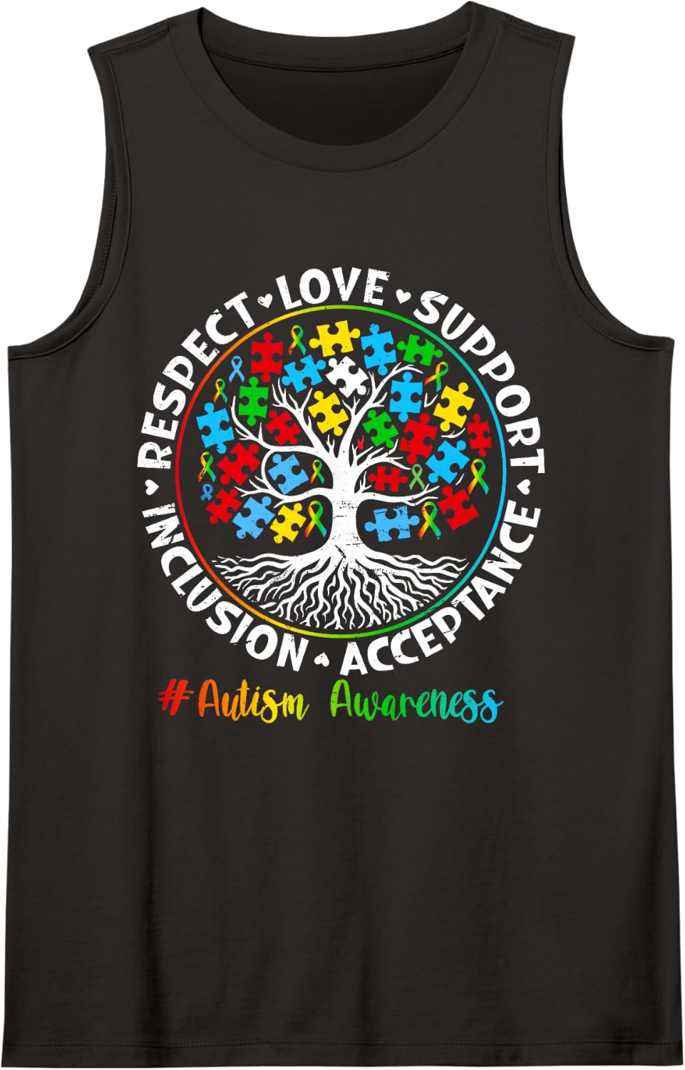 Blue Autism Awareness Respect Love Support Inclusion Puzzle Sleeveless Tank Top - Black