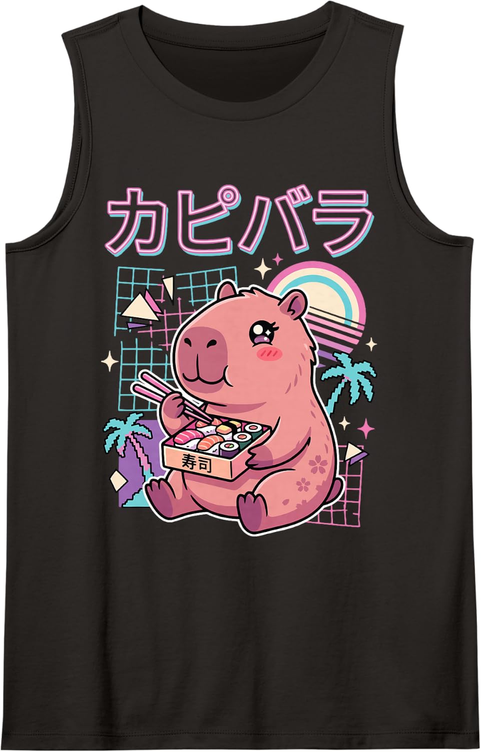 Capybara Eating Sushi Kawaii Animal Sleeveless Tank Top - Black