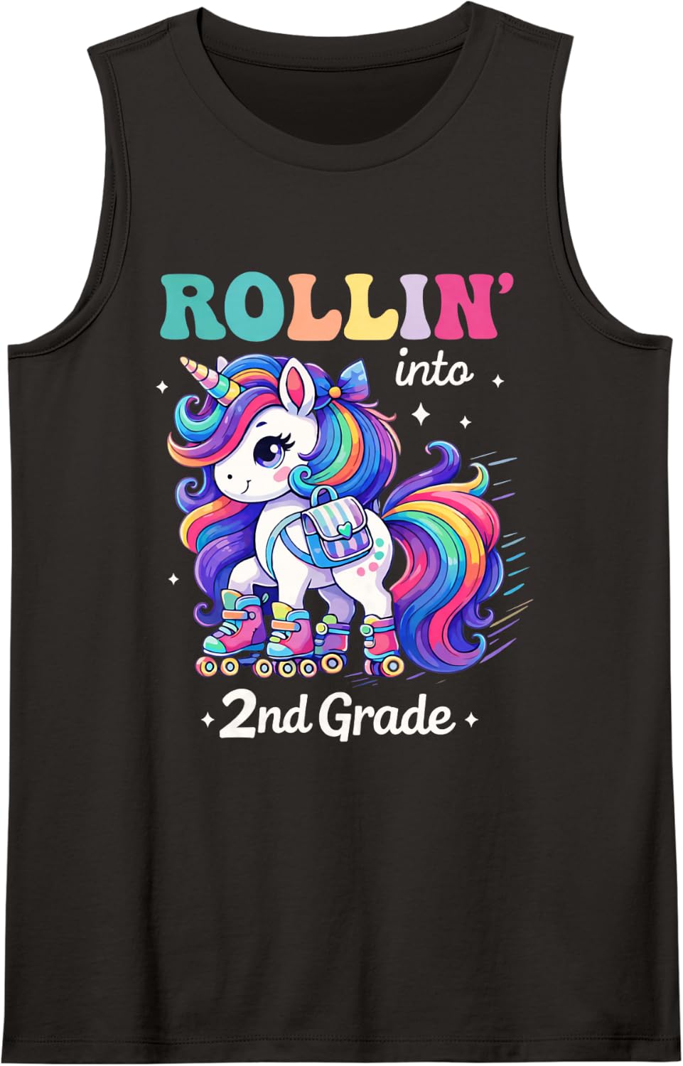 Rollin Into 2nd Second Grade Unicorn Back to School Girls Sleeveless Tank Top - Black