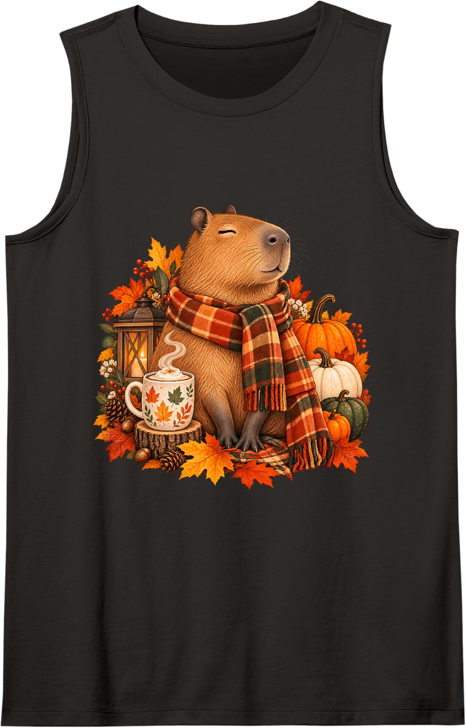 Capybara Plaid Scarf Hot Cocoa Coffee Tea Fall Autumn Sleeveless Tank Top - Black