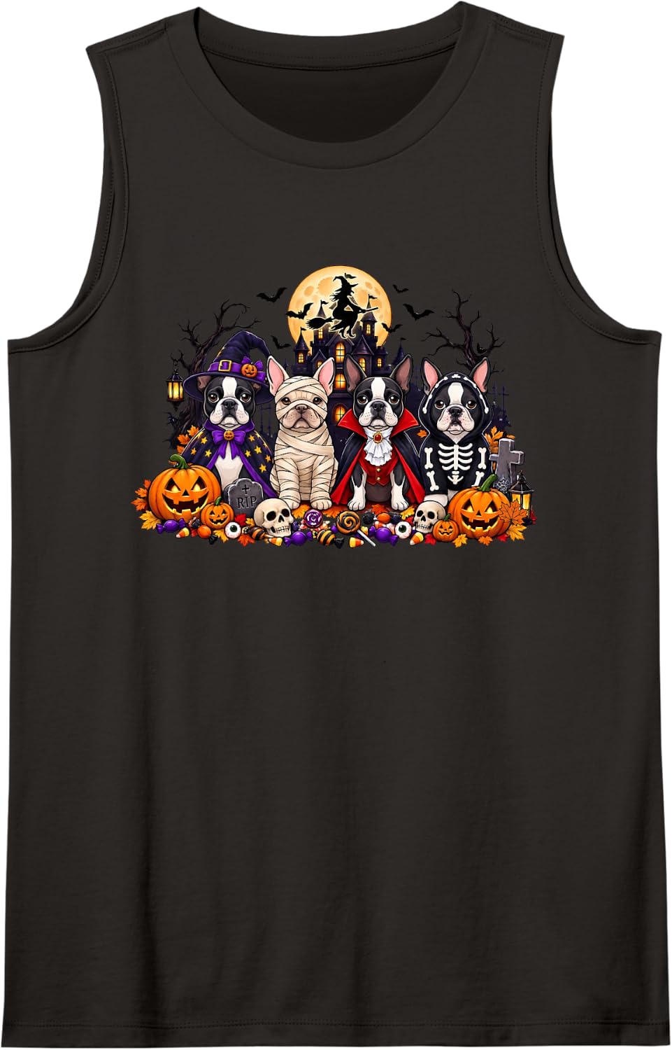 Cute Boston Terrier Dog Dressed as Ghost Funny Halloween Sleeveless Tank Top - Black