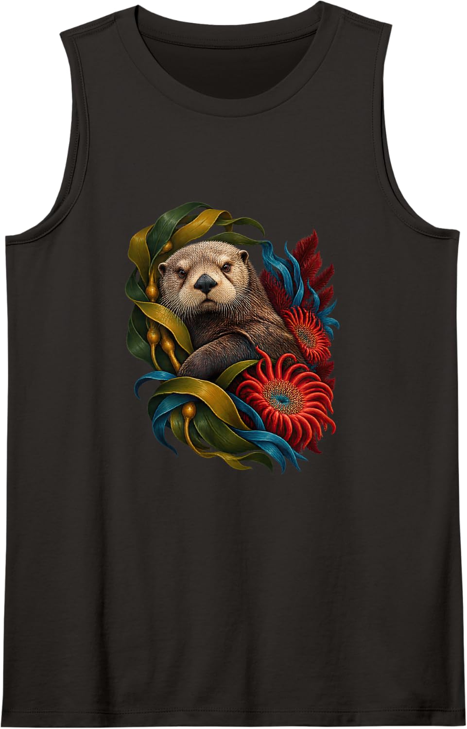 Sea Otter Kelp Ribbon Coastal Portrait Sleeveless Tank Top - Black