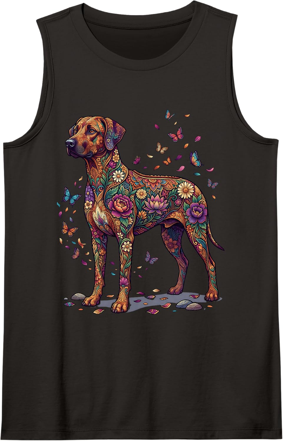 Rhodesian Ridgeback Dog Colorful Floral Butterfly Flowers Tank Top - Black