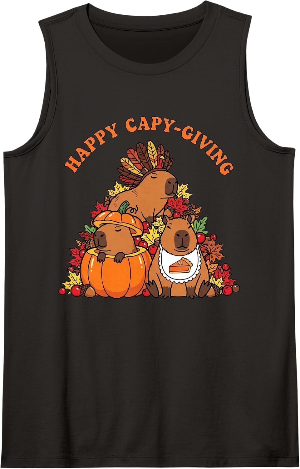 Happy Capy-Giving Funny Capybara Thanksgiving Sleeveless Tank Top - Black