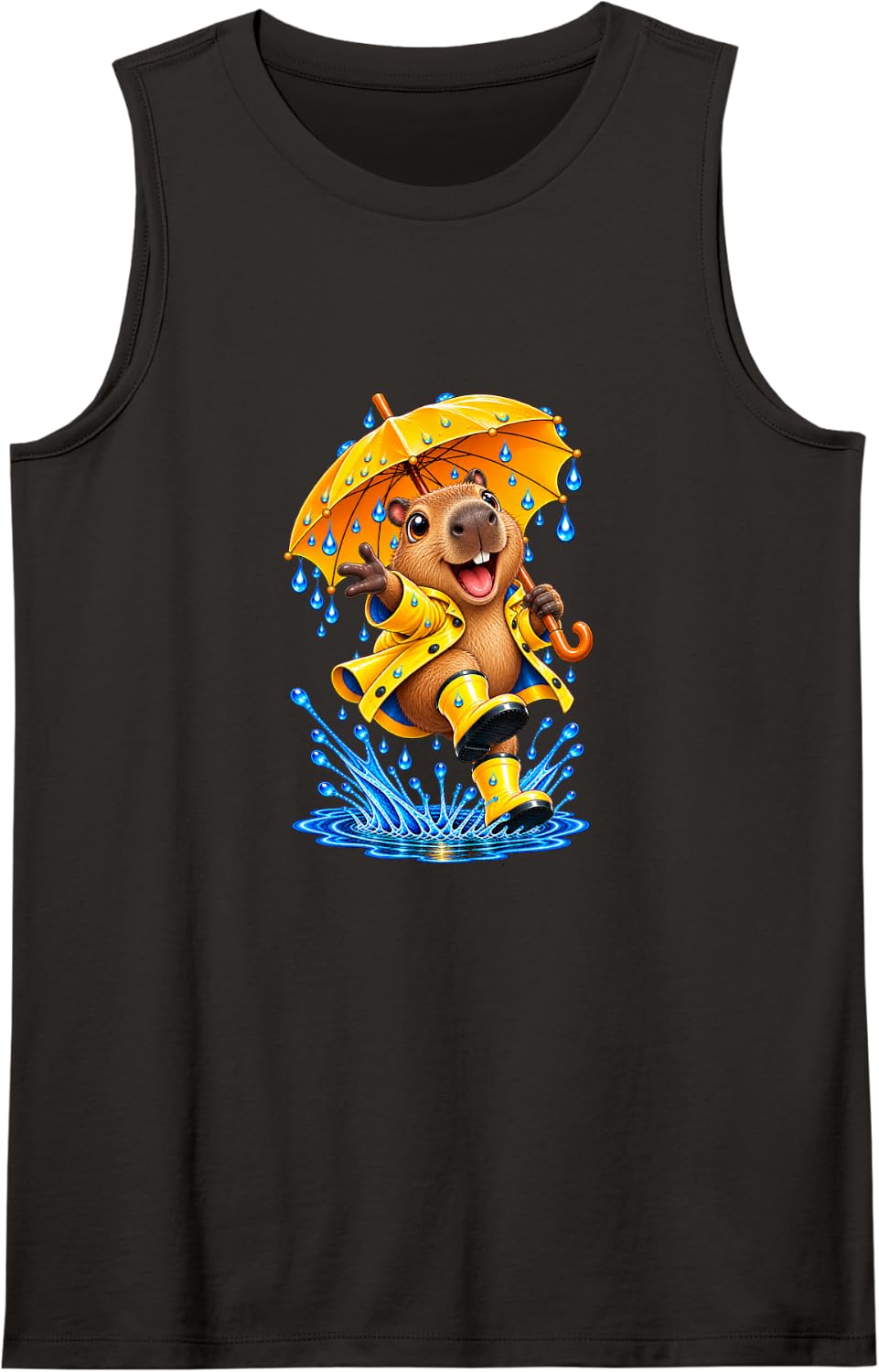 Happy Capybara Splashing Puddle Rainy Day Sleeveless Tank Top - Black