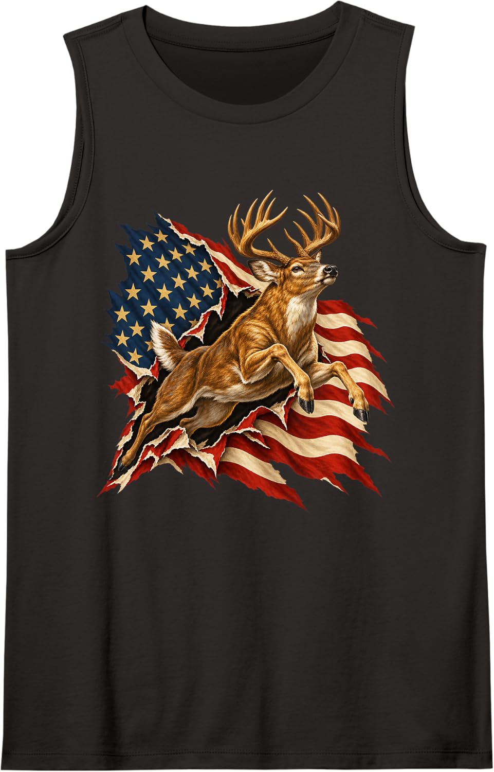 Patriotic Stag Bursting Through Torn Flag Sleeveless Tank Top - Black