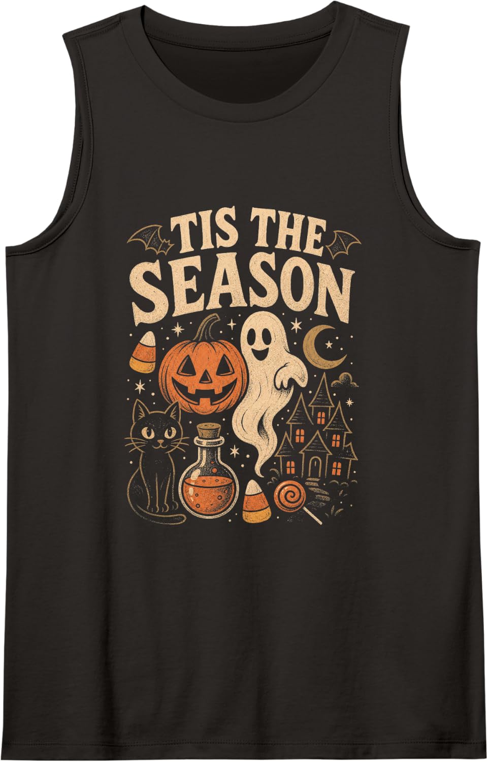 Halloween cat Ghost Pumpkin Witchy Spooky Season Sleeveless Tank Top - Black