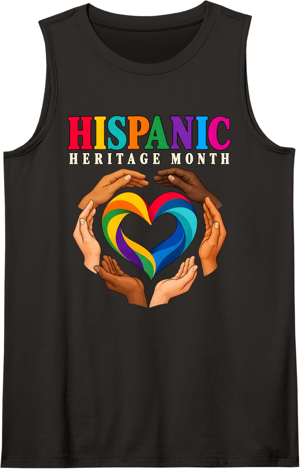 Hispanic Heritage Month Diverse Hands Rainbow Heart Love Sleeveless Tank Top - Black