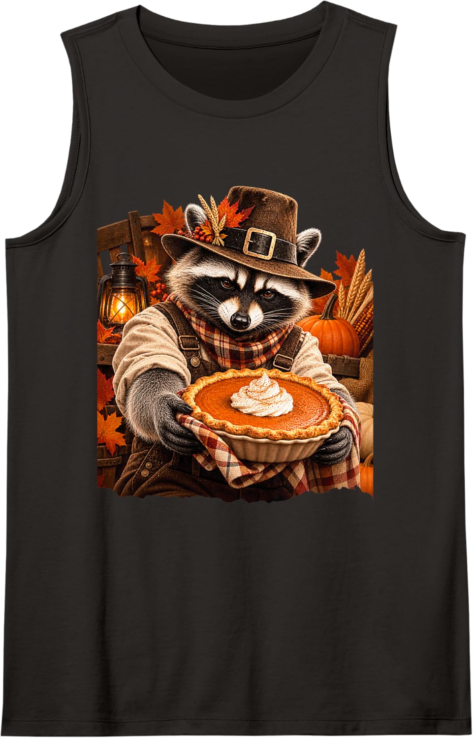 Pilgrim Raccoon Pumpkin Pie Funny Thanksgiving Sleeveless Tank Top - Black