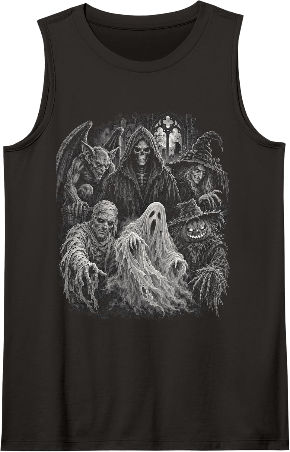 Halloween Grim Reaper Witch Mummy Ghost Gargoyle Pumpkin Sleeveless Tank Top - Black