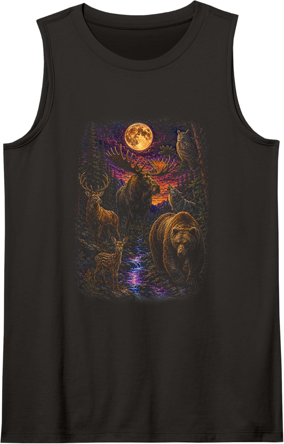 Brown Bear Animals Moon Forest Wildlife Nature Mountains Sleeveless Tank Top - Black