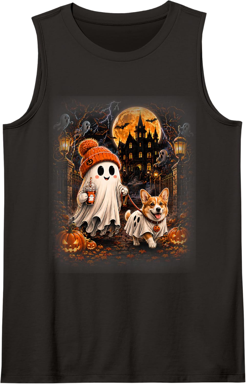 Funny Ghost Walking Corgi Dog Halloween Ice Coffee Lovers Tank Top - Black