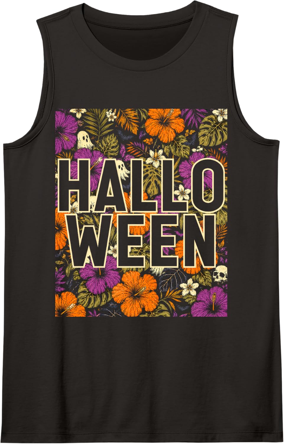 Halloween Hawaiian Tropical Floral Spooky Season Ghosts Bats Sleeveless Tank Top - Black