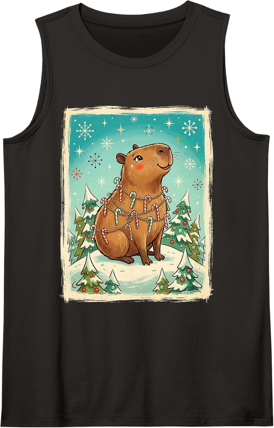 Capybara Candy Canes Retro Winter Holiday Sleeveless Tank Top - Black