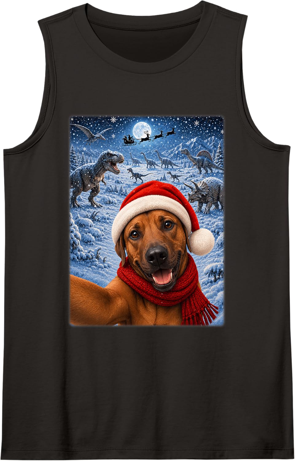 Rhodesian Ridgeback Dog Christmas Moon Night Dinosaurs Xmas Tank Top - Black