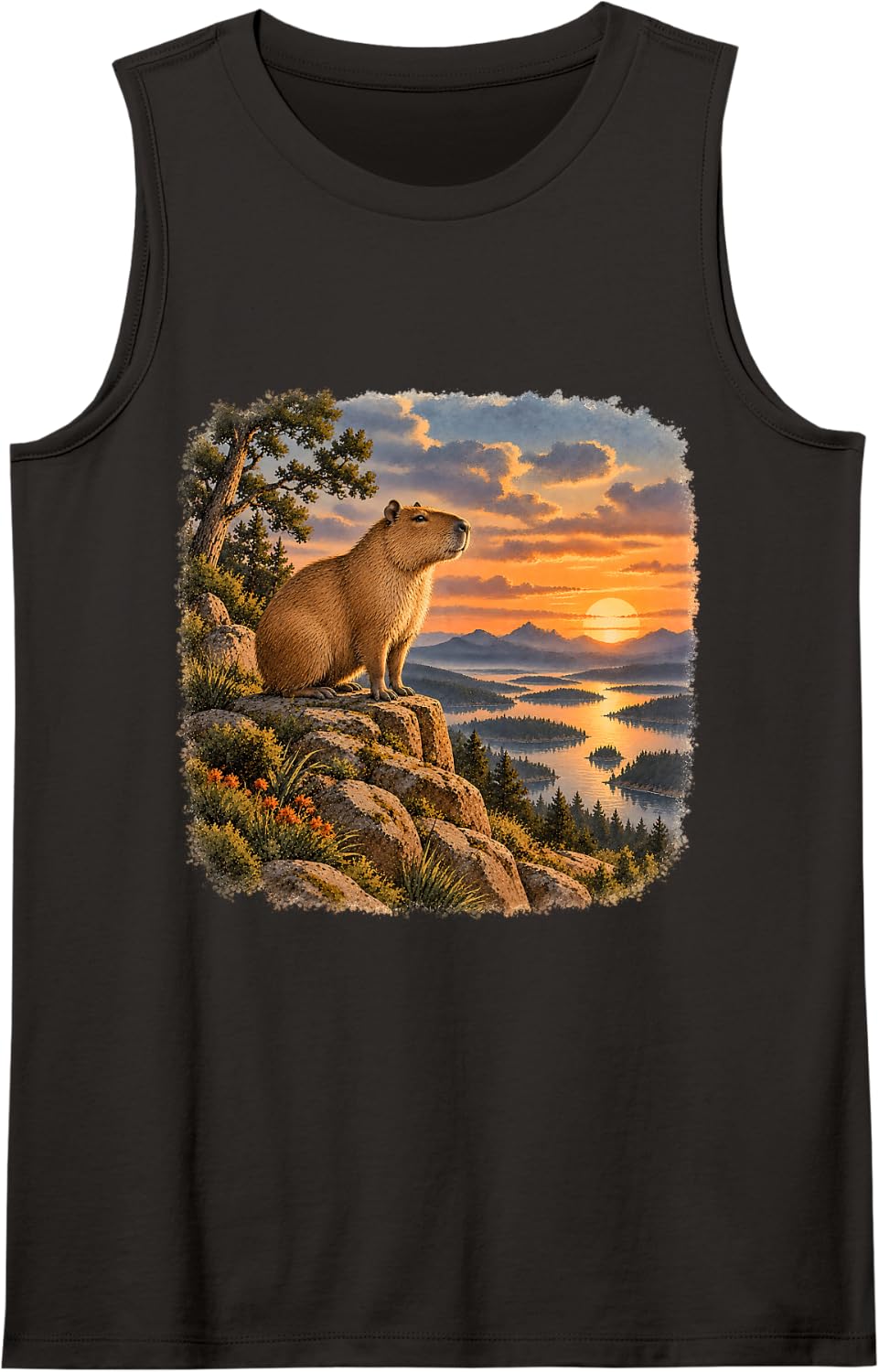 Capybara Sunset Mountain Wilderness Sleeveless Tank Top - Black