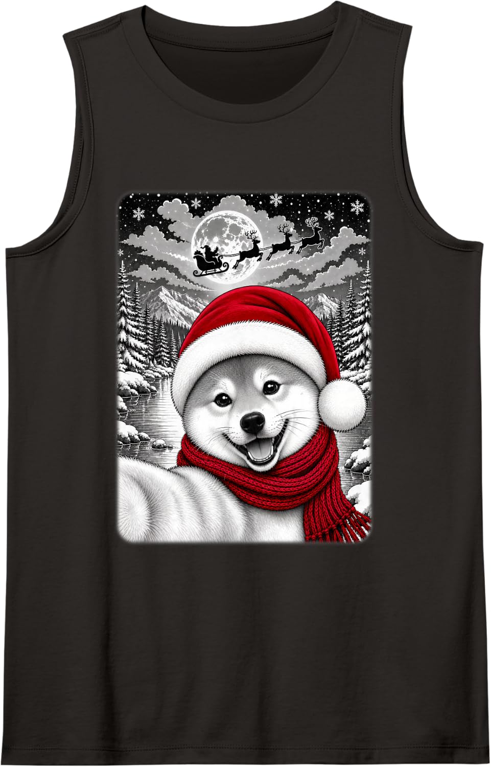 Shiba Inu Dog Christmas Selfie Moon Night Starry Sky Xmas Tank Top - Black