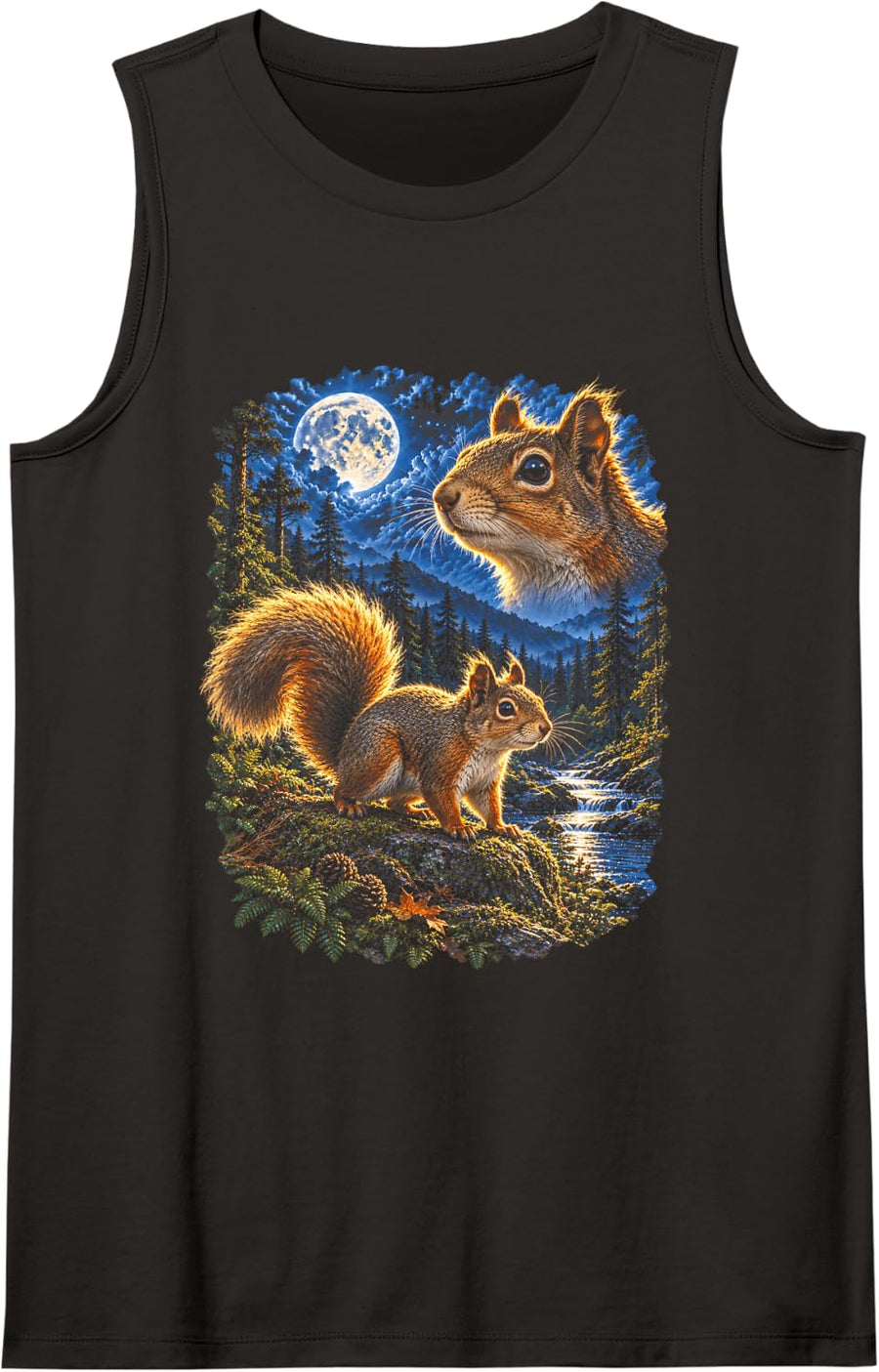 Squirrel Full Moon Forest Stream Mountain Wilderness 90s Art Sleeveless Tank Top - Black