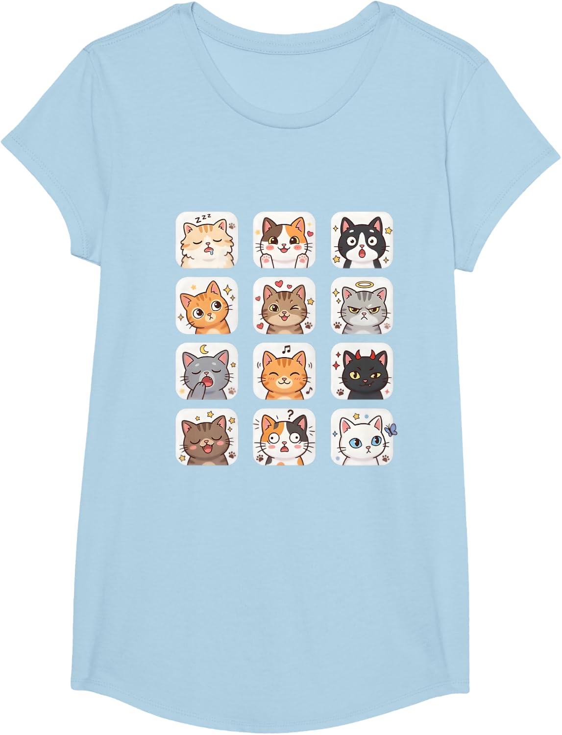 Kawaii Cat Mood Sticker Grid Cute Kitten Faces Chart T-Shirt - Girls Baby Blue
