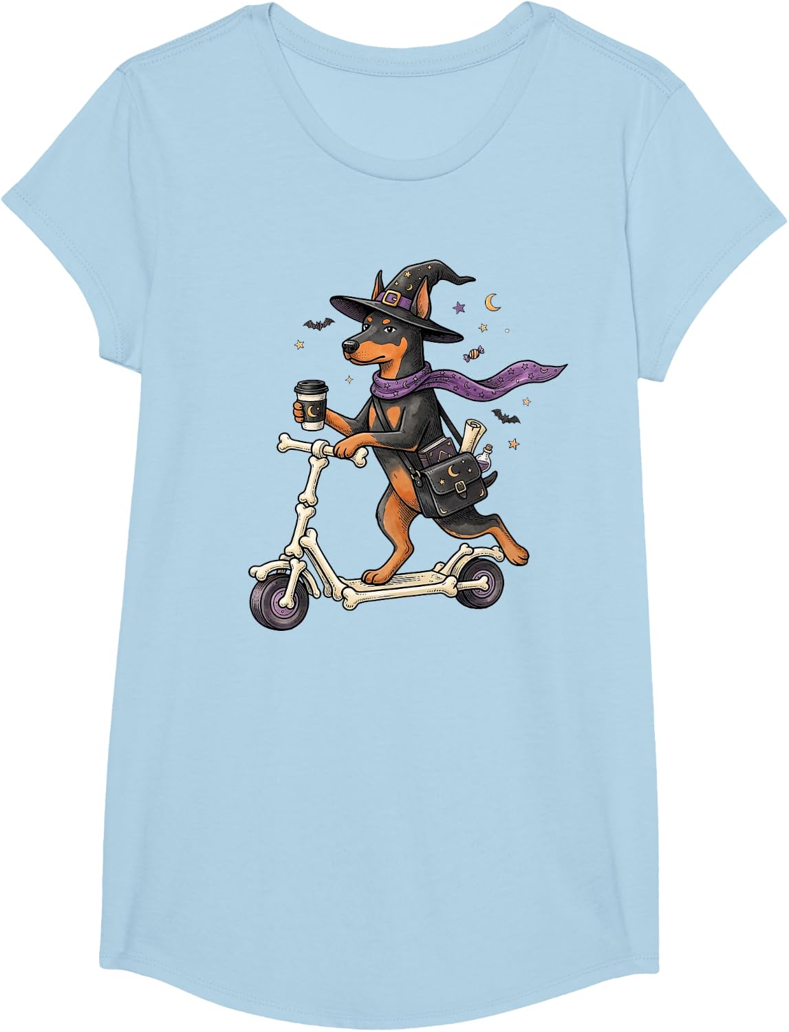 Doberman Pinscher Scooter Witch Halloween Kids Mens Womens T-Shirt - Girls Baby Blue