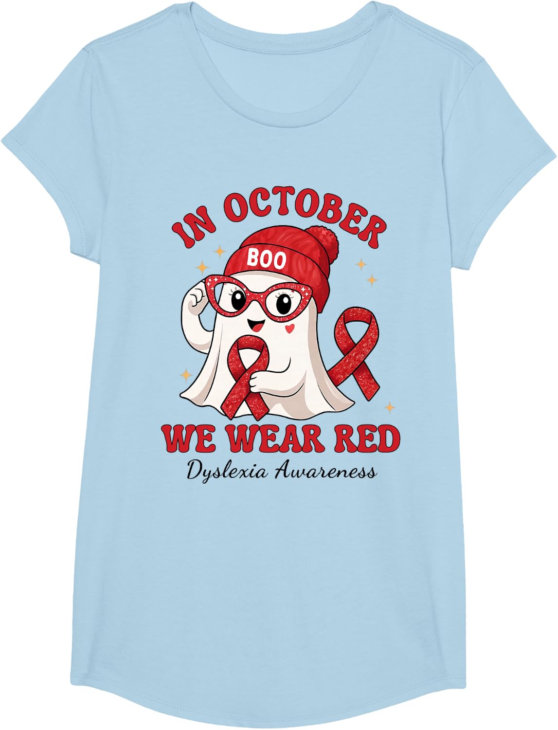 in October We Wear Red Boo Dyslexia Awareness Ghost T-Shirt - Girls Baby Blue