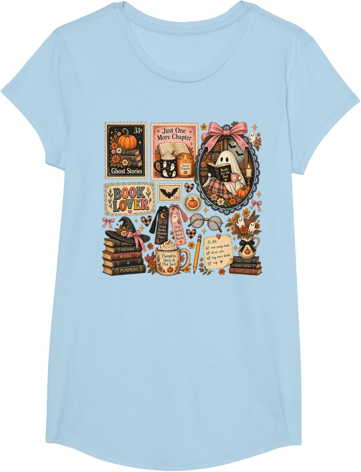 Autumn Book Lover Halloween Ghost Librarian Costume T-Shirt - Girls Baby Blue
