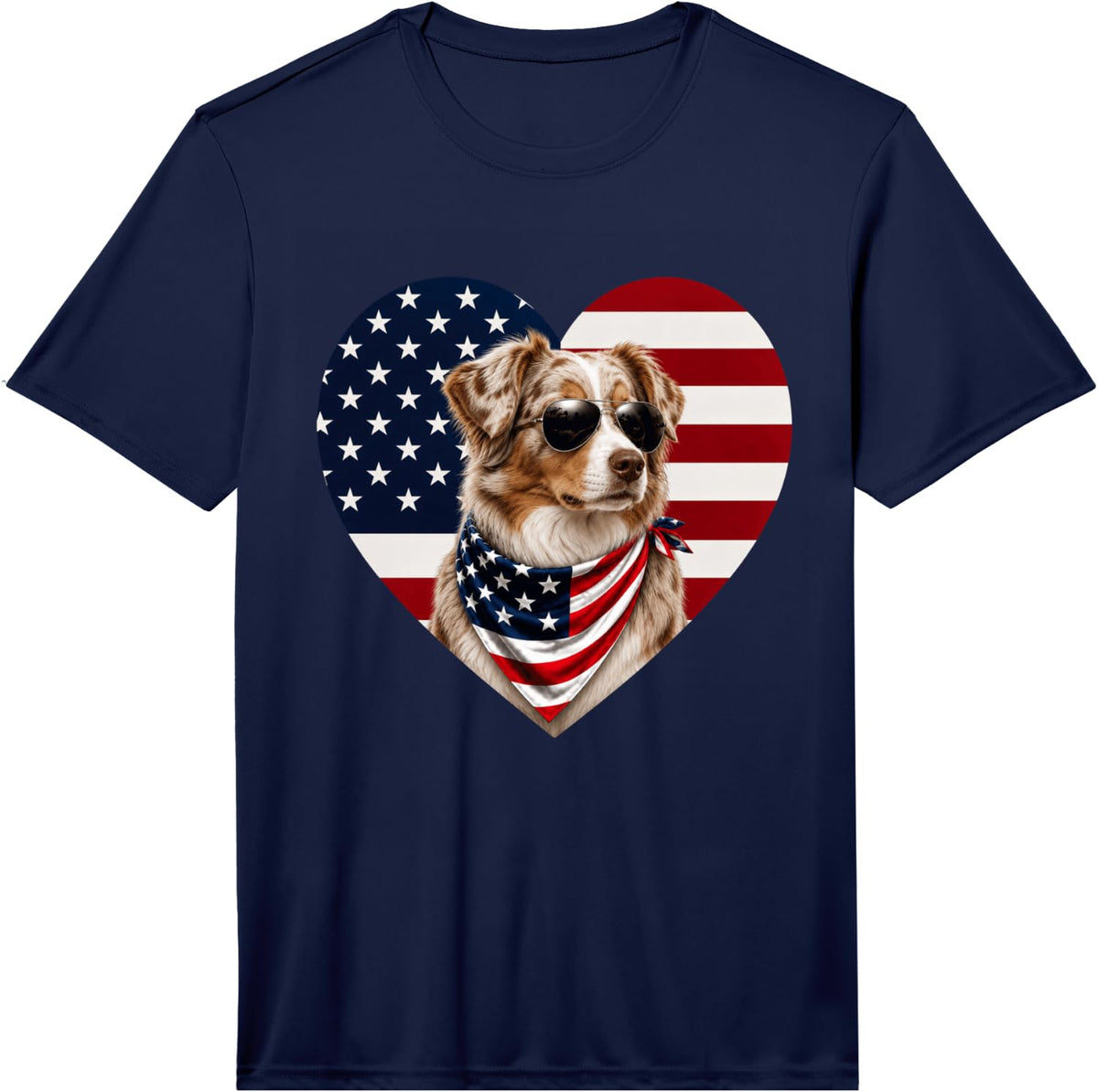 Red Merle Australian Shepherd USA Flag Patriotic Design Performance T-Shirt - Navy Blue